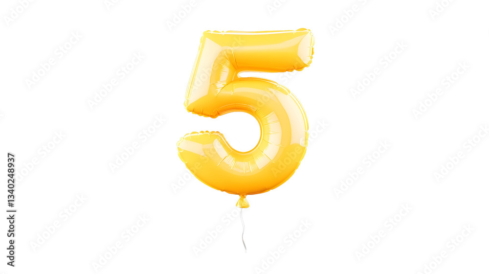 Leinwandbilder 3d rendering of a golden foil balloon forming the number 5 with a reflective metallic surface and so