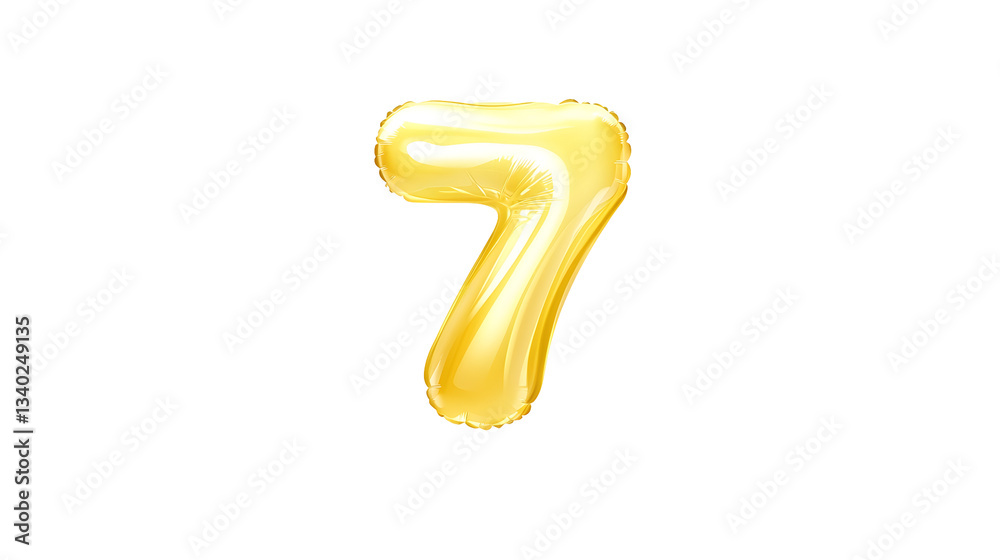 Poster A detailed three dimensional golden foil balloon shaped as the number 7 floating in an isolated white space with light reflections and soft shadowing