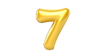 A shiny metallic gold foil balloon in the shape of the number 7 floating against a clean minimalist blue background with a smooth reflective surface and a 3D effect