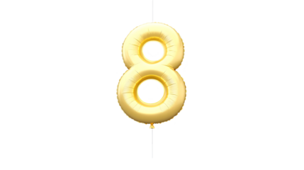 A shiny golden foil balloon in the shape of the number 8 floats effortlessly against a dark background creating a reflective metallic surface with soft highlights and shadows for a 3D effect