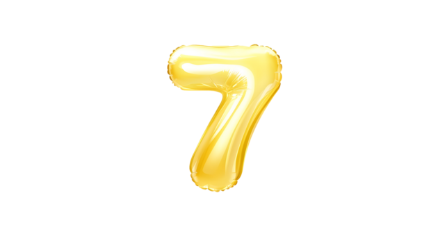 A detailed three dimensional golden foil balloon shaped as the number 7 floating in an isolated white space with light reflections and soft shadowing