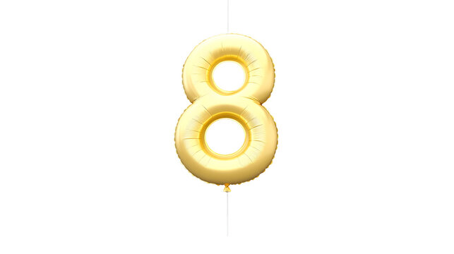 A shiny golden foil balloon in the shape of the number 8 floats effortlessly against a dark background creating a reflective metallic surface with soft highlights and shadows for a 3D effect