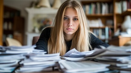 Young woman with blonde hair sits at a table buried in a large stack of papers, looking intently at the camera. The background shows a blurred, home library setting.