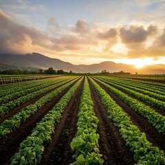 Rural farmland at golden sunset