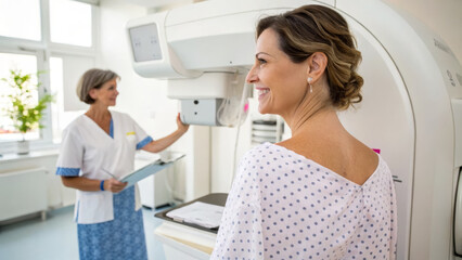 Fototapeta premium woman smiles during mammogram examination, feeling reassured by medical staff