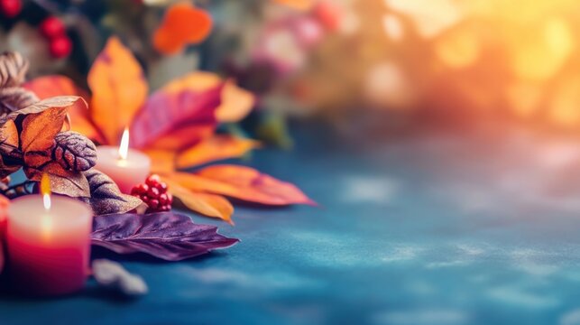 A close-up view of vibrant autumn leaves and candles arranged thoughtfully, creating a warm and inviting atmosphere for the season