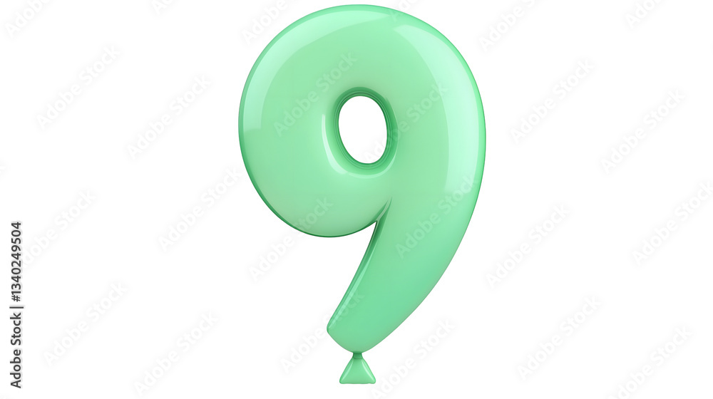 Fototapete vibrant green helium balloon in the shape of the number 9 with a glossy reflective finish and a 3d e