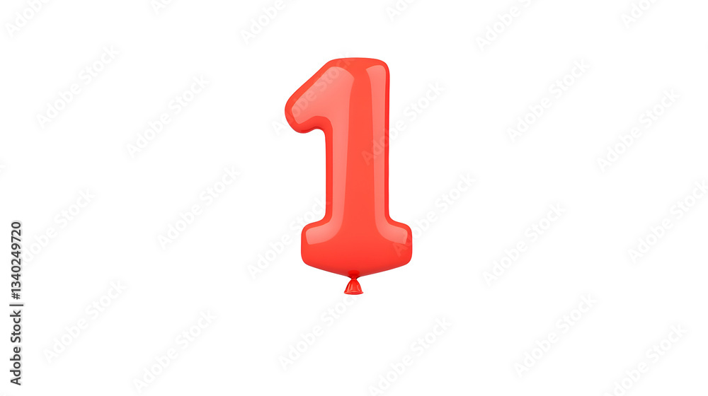 Poster A 3D rendering of a smooth polished red number 1 foil balloon floating against a transparent background with a soft shadow effect
