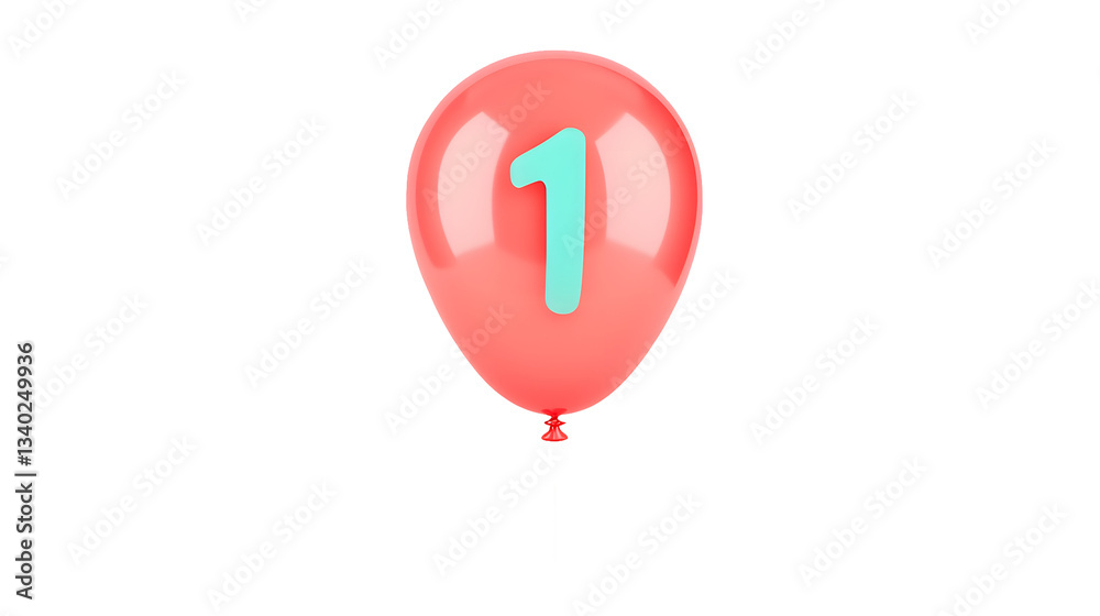 Poster A 3D rendering of a smooth polished red number 1 foil balloon floating effortlessly against a transparent background with a soft shadow effect