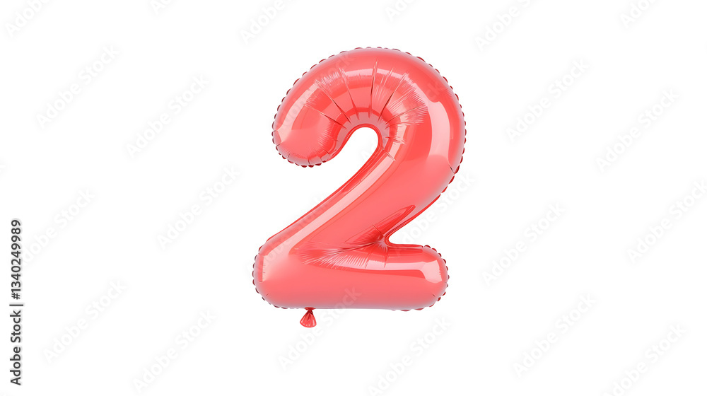 Poster A vibrant metallic red foil balloon shaped like the number 2 floating independently with a reflective surface and soft highlights and shadows for a 3D effect against a clean transparent background