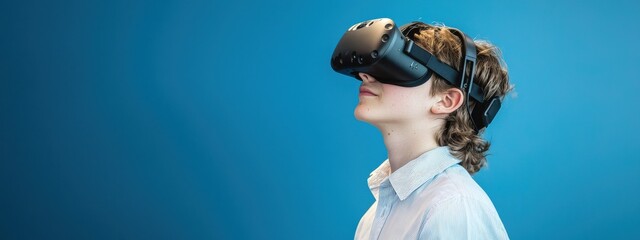 Young Boy Experiencing Virtual Reality with Headset on Blue Background