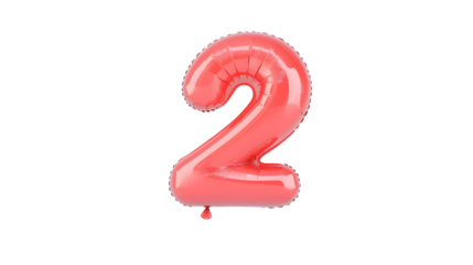 A vibrant metallic red foil balloon shaped like the number 2 floating independently with a reflective surface and soft highlights and shadows for a 3D effect against a clean transparent background