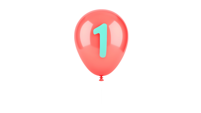 A 3D rendering of a smooth polished red number 1 foil balloon floating effortlessly against a transparent background with a soft shadow effect