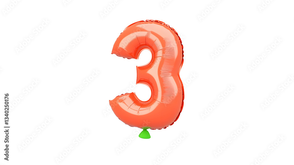 Aufkleber Glossy three dimensional red foil balloon in the shape of the number 3 floating with smooth reflections and lighting against a transparent background