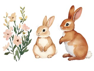 Obraz premium Adorable Watercolor Rabbits with Flowers