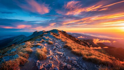 Fototapeta premium Majestic mountain trail at sunrise, with golden light illuminating the rugged peaks and a breathtaking sky