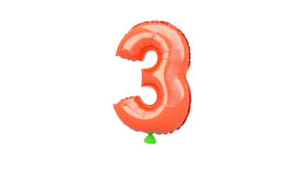 Glossy three dimensional red foil balloon in the shape of the number 3 floating with smooth reflections and lighting against a transparent background