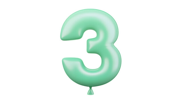 A glossy floating green balloon in the shape of the number 3 with a smooth reflective surface against a minimalist black background