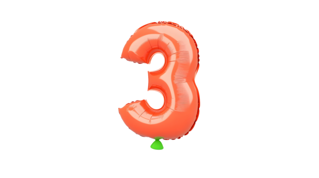 Glossy three dimensional red foil balloon in the shape of the number 3 floating with smooth reflections and lighting against a transparent background - Powered by Adobe