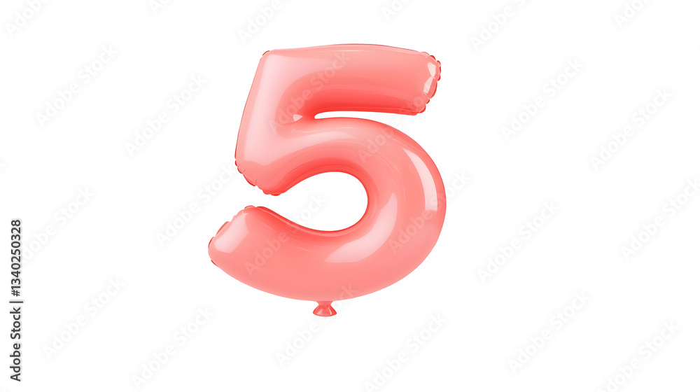 Poster A floating shiny red metallic foil balloon in the shape of the number 5 with a 3D effect and a smooth reflective surface against a plain white background