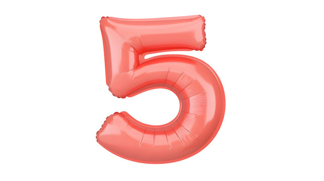 A 3D rendering of a shiny glossy red number 5 foil balloon floating with a soft shadow effect against a transparent background