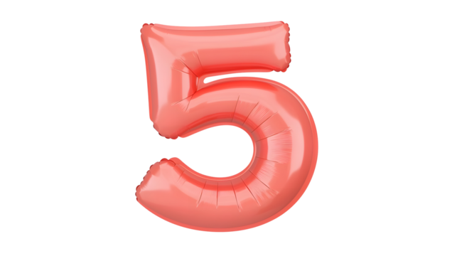 A 3D rendering of a shiny glossy red number 5 foil balloon floating with a soft shadow effect against a transparent background - Powered by Adobe