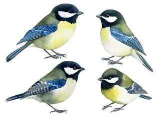 Watercolor Great Tit Birds Set  Wildlife  Nature  Avian  Painting  Illustration  Clipart  Design Element