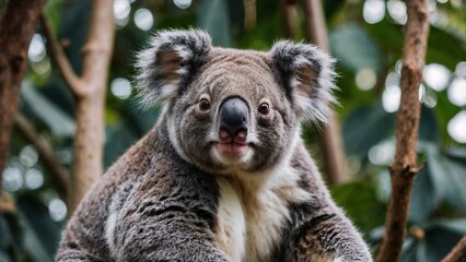 Fototapeta premium Koala climbing tree in natural habitat with vibrant foliage