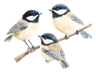 Obraz premium Watercolor Painting of Three Cute Birds on Branch