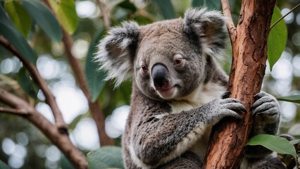 Obraz premium Koala climbing tree in natural habitat with vibrant foliage