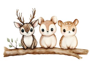 Naklejka premium Adorable Watercolor Deer Family on Branch