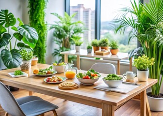 Fototapeta premium Las Vegas Office Oasis: Healthy Lunch Break, Desk Food, Modern Workspace, Plants, Bright Lighting
