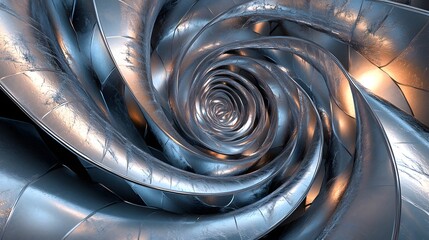 Metallic spiral structure creating an abstract tunnel effect inwards