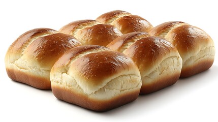 Six golden-brown dinner rolls, freshly baked, arranged on white background.