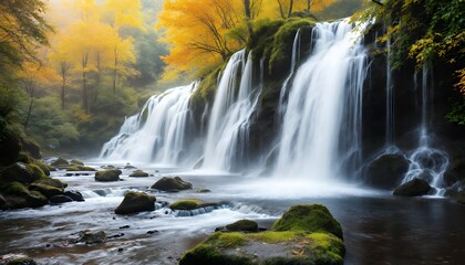 Obraz premium Autumn Waterfall Cascading Through Golden Forest
