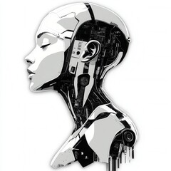 Obraz premium Profile view of a stylized female robotic head and shoulders, grayscale, digital art. Mechanical details visible, serene expression.