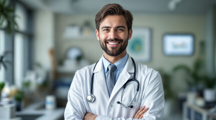 Fototapeta premium Male doctor stands in his clinic, wearing a white coat and a stethoscope around his neck. His face is full of joy and determination.
