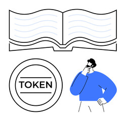 Open book, token coin, and thoughtful person symbolize knowledge, decision-making, education, resources, and critical thinking. Ideal for innovation finance technology strategy learning. Flat