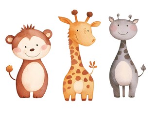 Obraz premium Adorable Watercolor Safari Animals Monkey Giraffe and Okapi