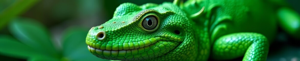 Close-up shot of shiny green reptile skin with smooth texture and unique details, slithery, reptilian
