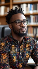 Fototapeta premium Portrait of a thoughtful young man with dark skin, wearing glasses and a patterned shirt, sitting in a library setting.