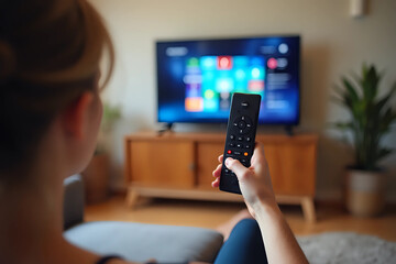 Selective focus on woman hand hold remote control and turn on tv panel on wall while relaxing on comfort sofa in living room. POV female choosing channel for watching television at home