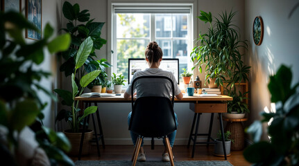 People working in comfort from a comfortable home office surrounded by trees and natural light.