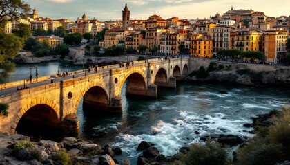 Obraz premium Historic Stone Bridge at Sunset Over a Vibrant Town