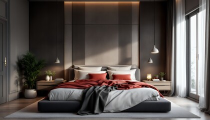 Modern Gray And Red Bedroom Interior Design With Natural Light