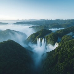 Aerial View: Misty Mountain Waterfall. (1)