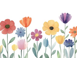 Fototapeta premium Watercolor Floral Border Spring Flowers Pastel Blossom Design