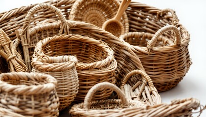 Rustic Collection of Handwoven Wicker Baskets on White Background