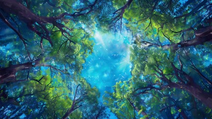 
A mesmerizing upward view of a dense forest, showcasing tall trees with bright green foliage against a vivid blue sky.