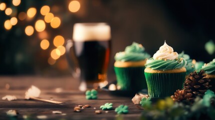 Green frosted cupcakes are displayed alongside a pint of dark beer on a rustic wooden table adorned with festive decorations